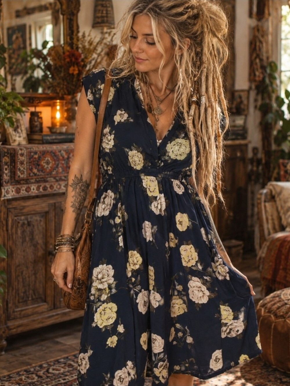 4/$15 Speed Control 1X Navy Floral Maxi Dress Boho Cottagecore Prairie Romantic